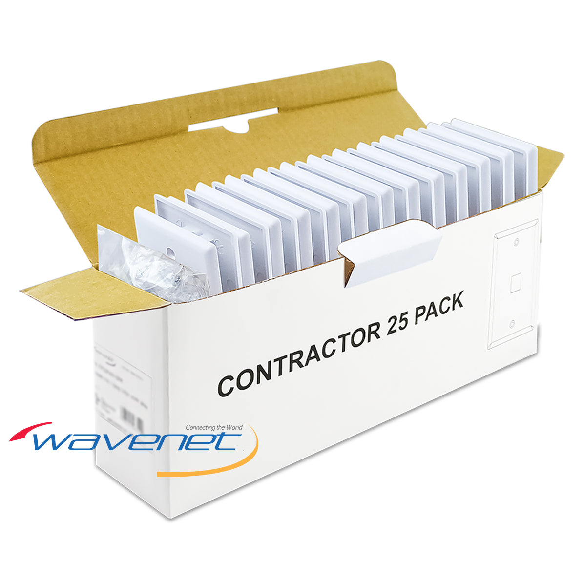 Wavenet white contractor box containing 25 pack of single-gang flush style network faceplates with ID window labels