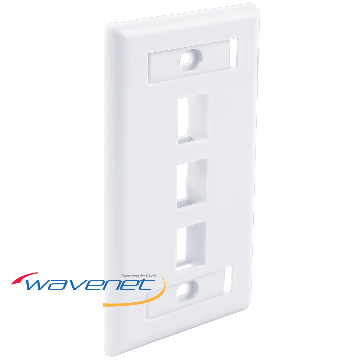 White 3-port single-gang flush style network faceplate with ID windows and mounting holes for structured cabling