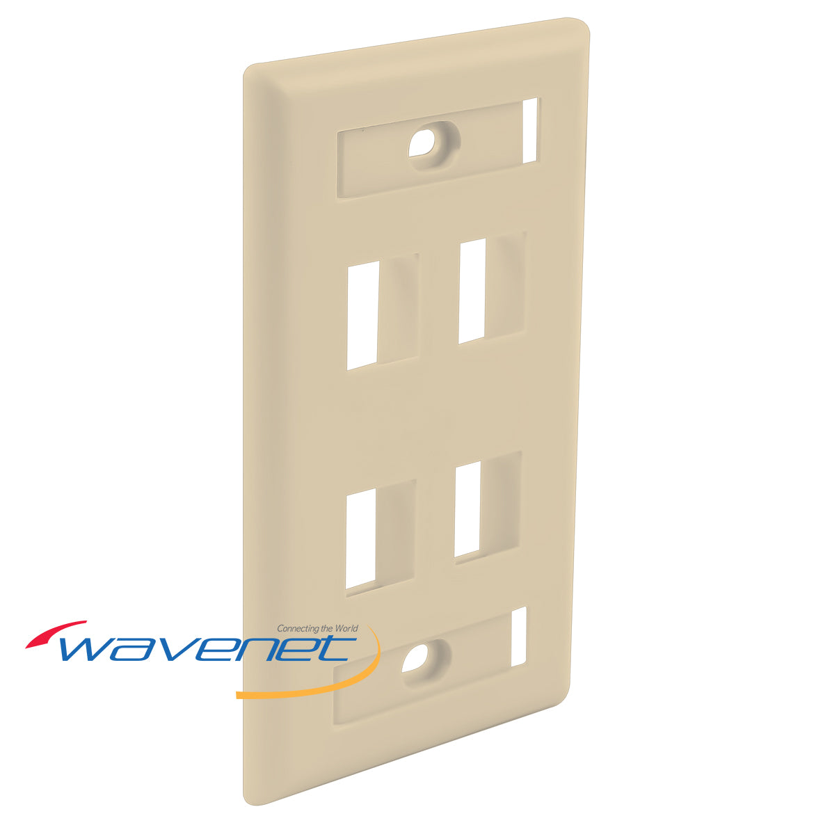 Ivory 4-port single-gang flush style faceplate with ID windows and mounting holes for network cabling installation