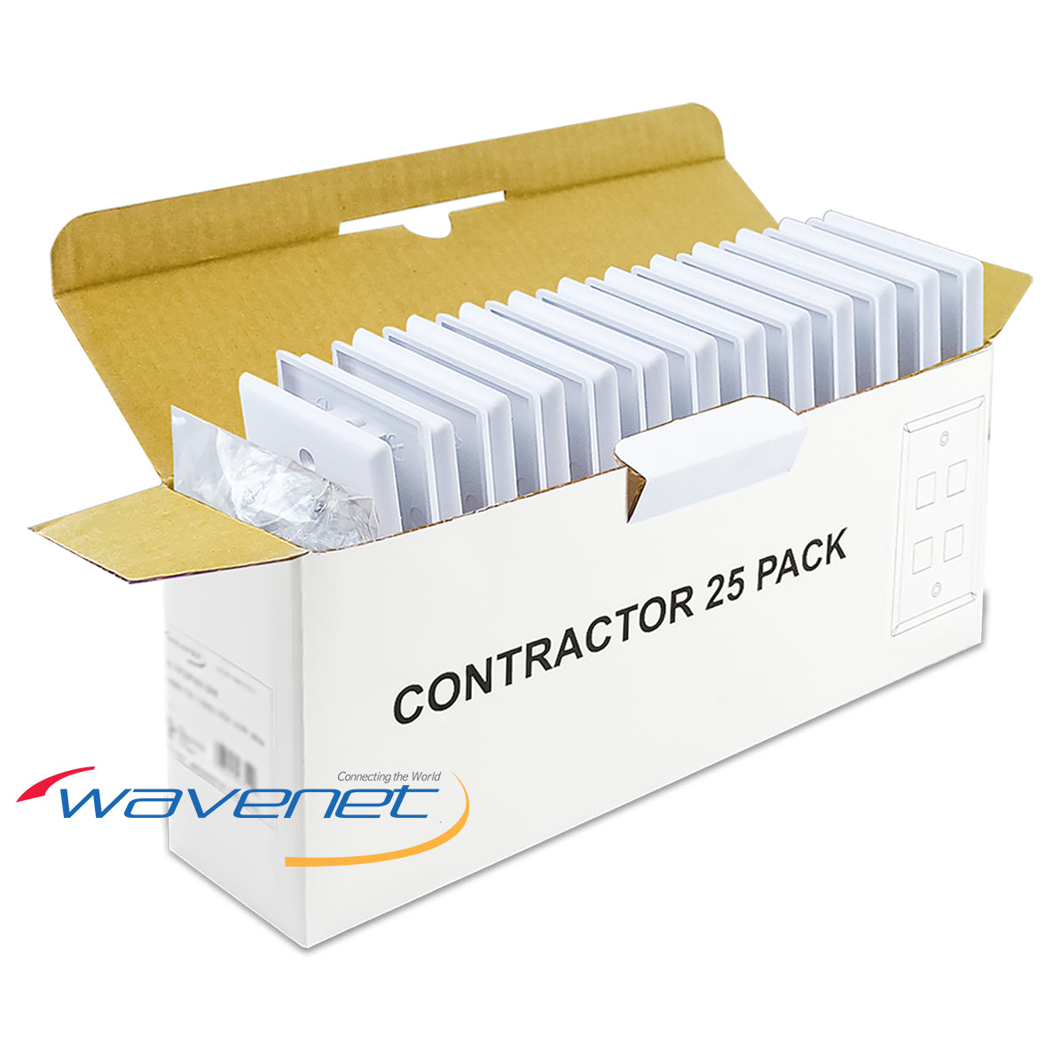 Wavenet 4 Port Single-Gang Flush Style Faceplate 25 Pack with white faceplates and ID window labels in retail packaging