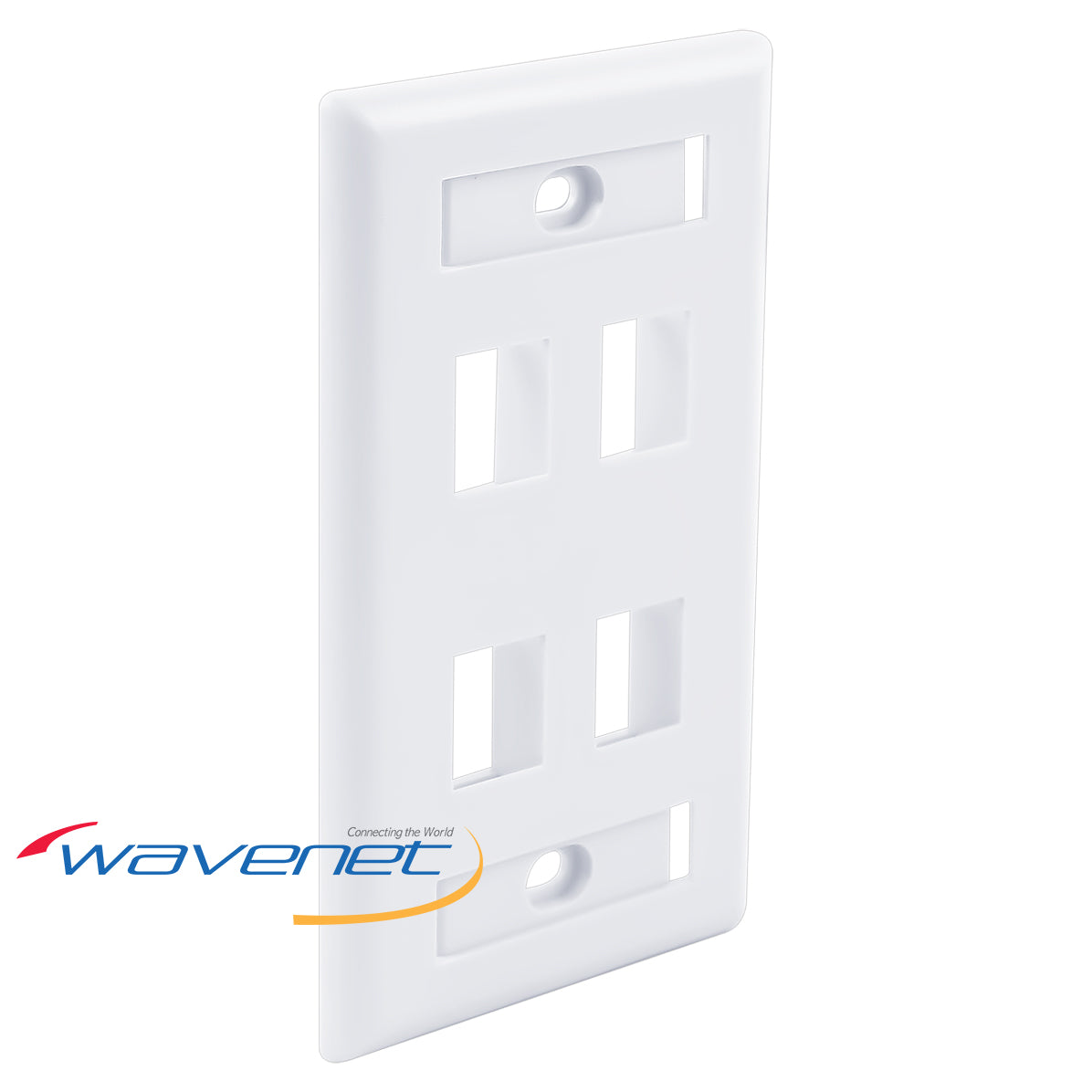 White 4-port single-gang flush faceplate with ID windows and mounting holes for network cabling installation