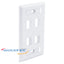 White 4-port single-gang flush faceplate with ID windows and mounting holes for network cabling installation
