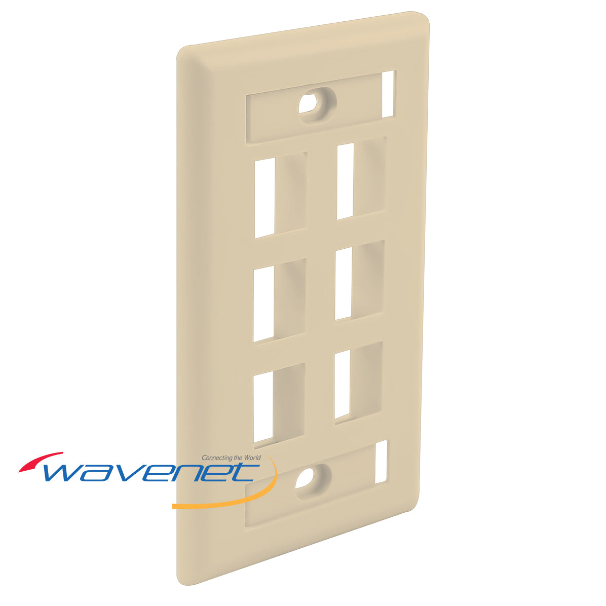 Ivory 6-port single-gang flush faceplate with ID windows and mounting holes for structured cabling installations