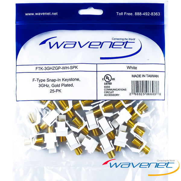 Wavenet F-Type snap-in keystone connectors 3GHz gold plated white 25-pack for network cabling