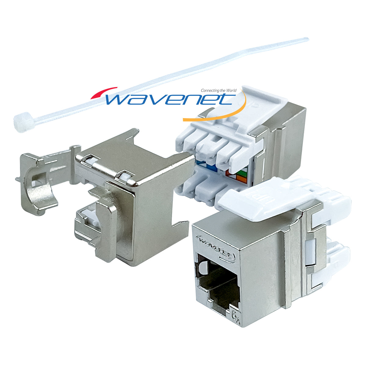 HD-6AKSJ-FTP Cat6 180-degree FTP shielded keystone jack connector with installation tool and component breakdown Main image