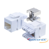 Wavenet Cat6 HDJ Series 180-degree white keystone jack with metal mounting bracket and internal wiring terminals