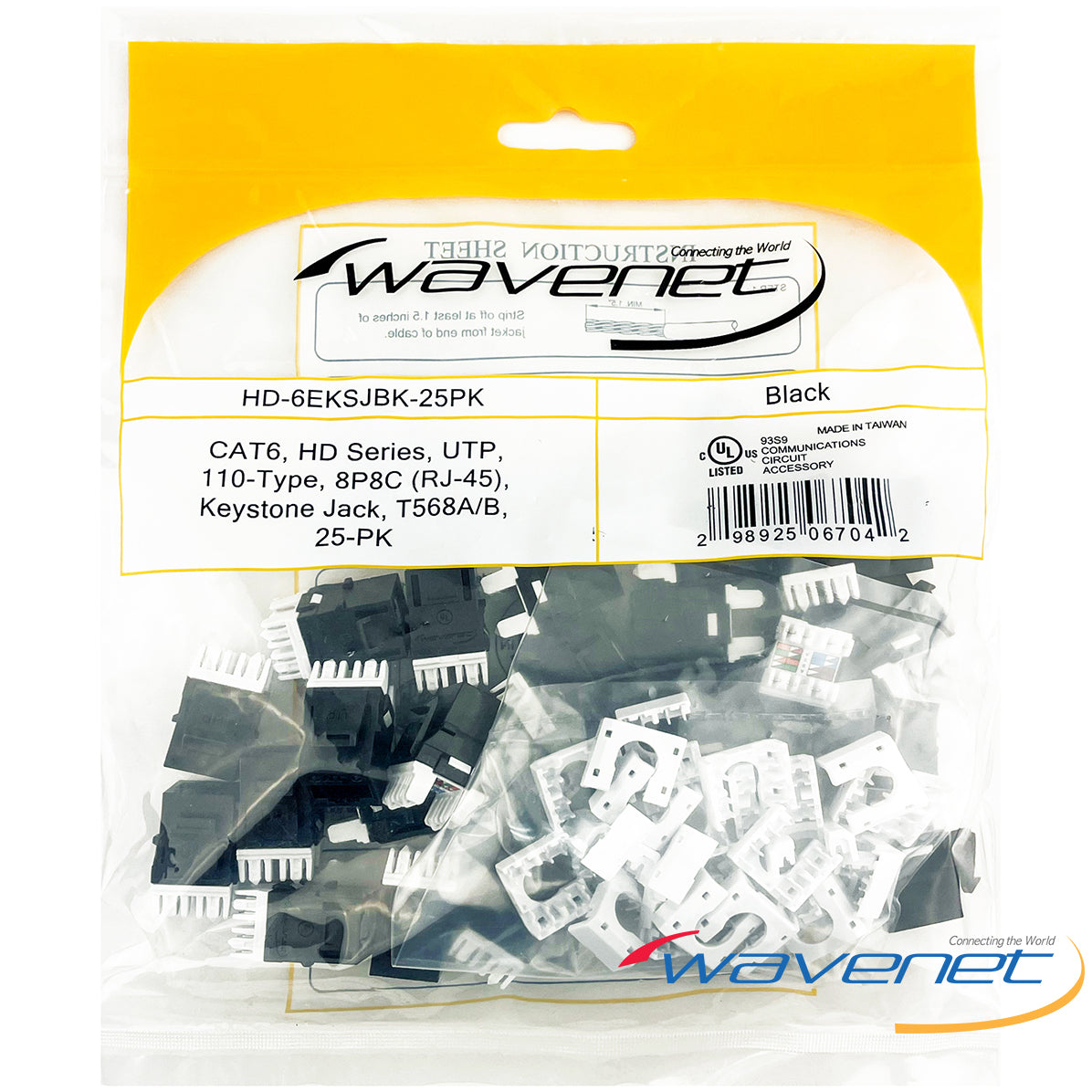 25-pack of black Cat6 HD Series Keystone Jacks with RJ-45 connectors and white strain relief boots Main image