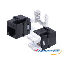 Wavenet Cat6 Keystone Jack HD in black with white wiring terminals and mounting brackets displayed