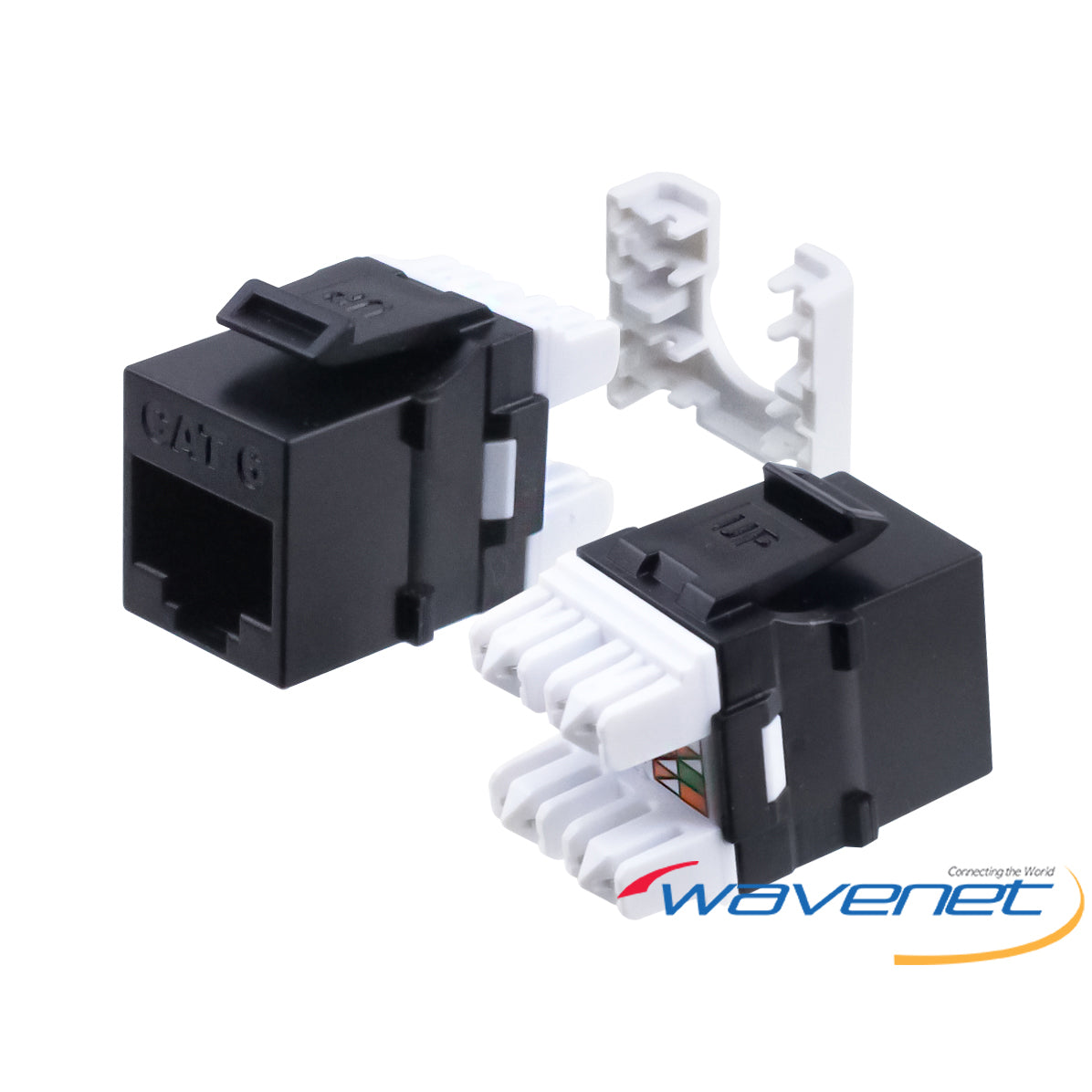 Wavenet Cat6 Keystone Jack HD in black with white wiring terminals and mounting brackets displayed