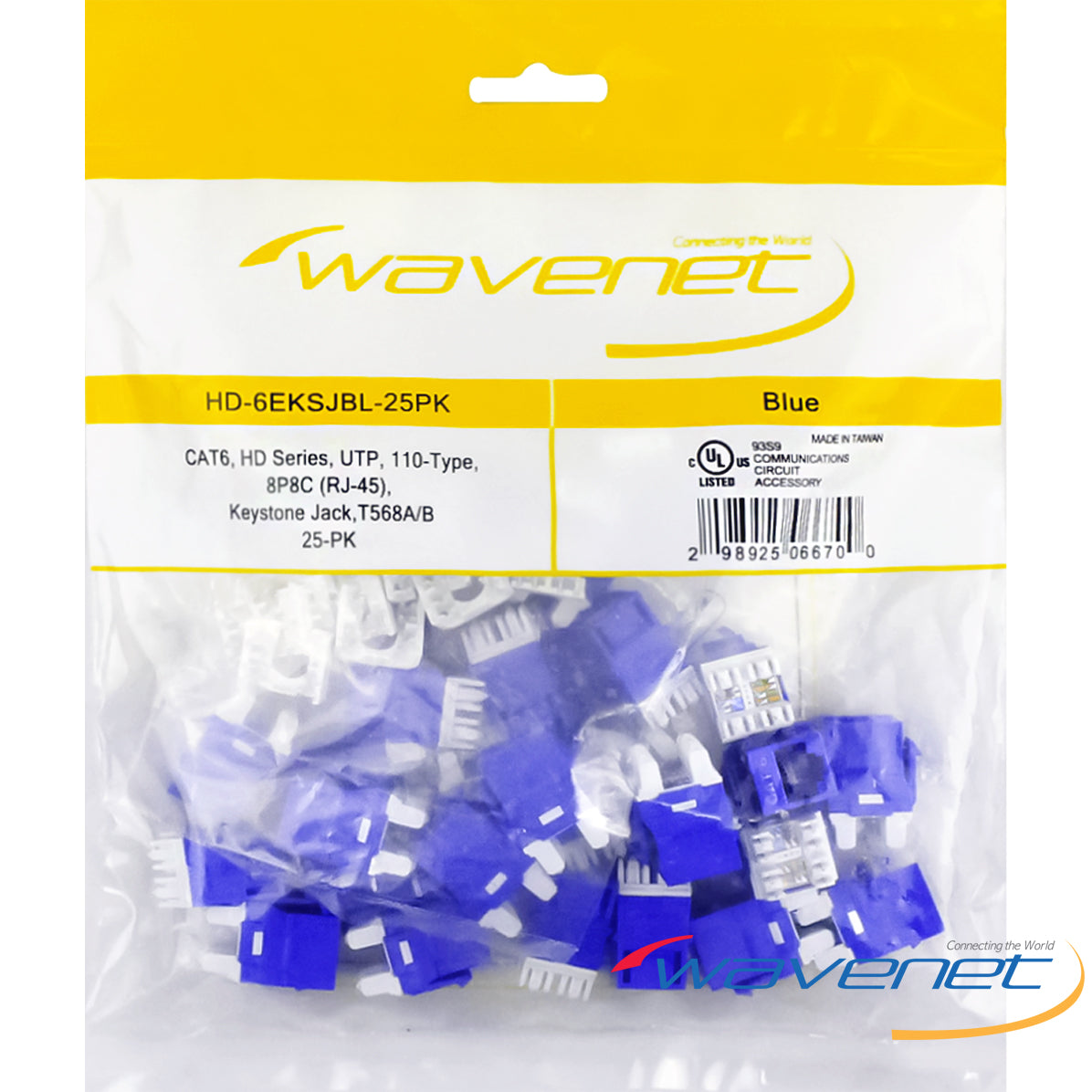 25-pack of blue Cat6 Keystone Jacks with white strain relief, RJ-45 connectors for network cabling Main image