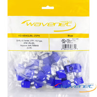 25-pack of blue Cat6 Keystone Jacks with white strain relief, RJ-45 connectors for network cabling