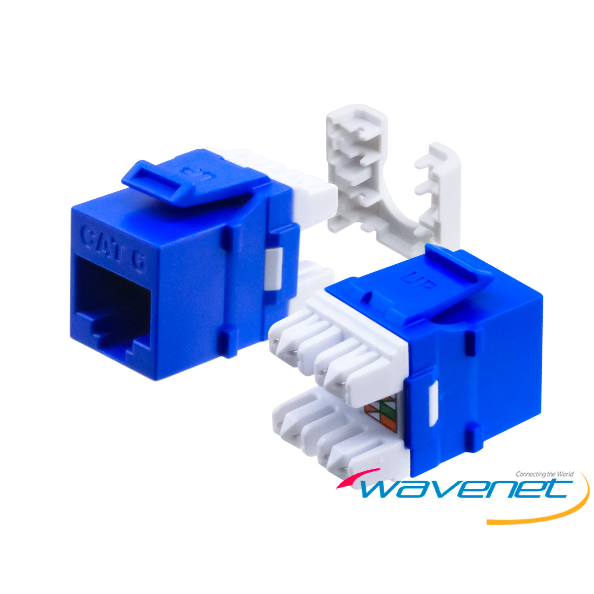 Wavenet Cat6 Keystone Jack HD in blue with white internal connectors and matching white termination clips Main image
