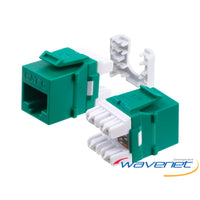Wavenet Cat6 green keystone jack with white cable connector module and insertion tool displayed