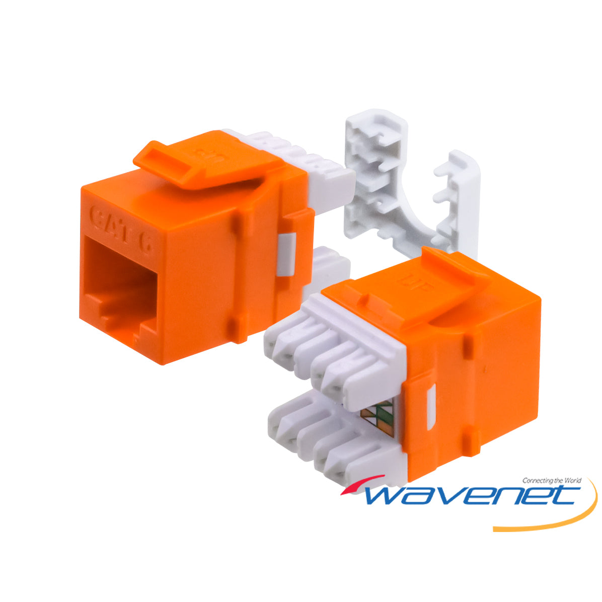 Wavenet Cat6 orange keystone jack with white punch-down terminals and cable management clips Main image