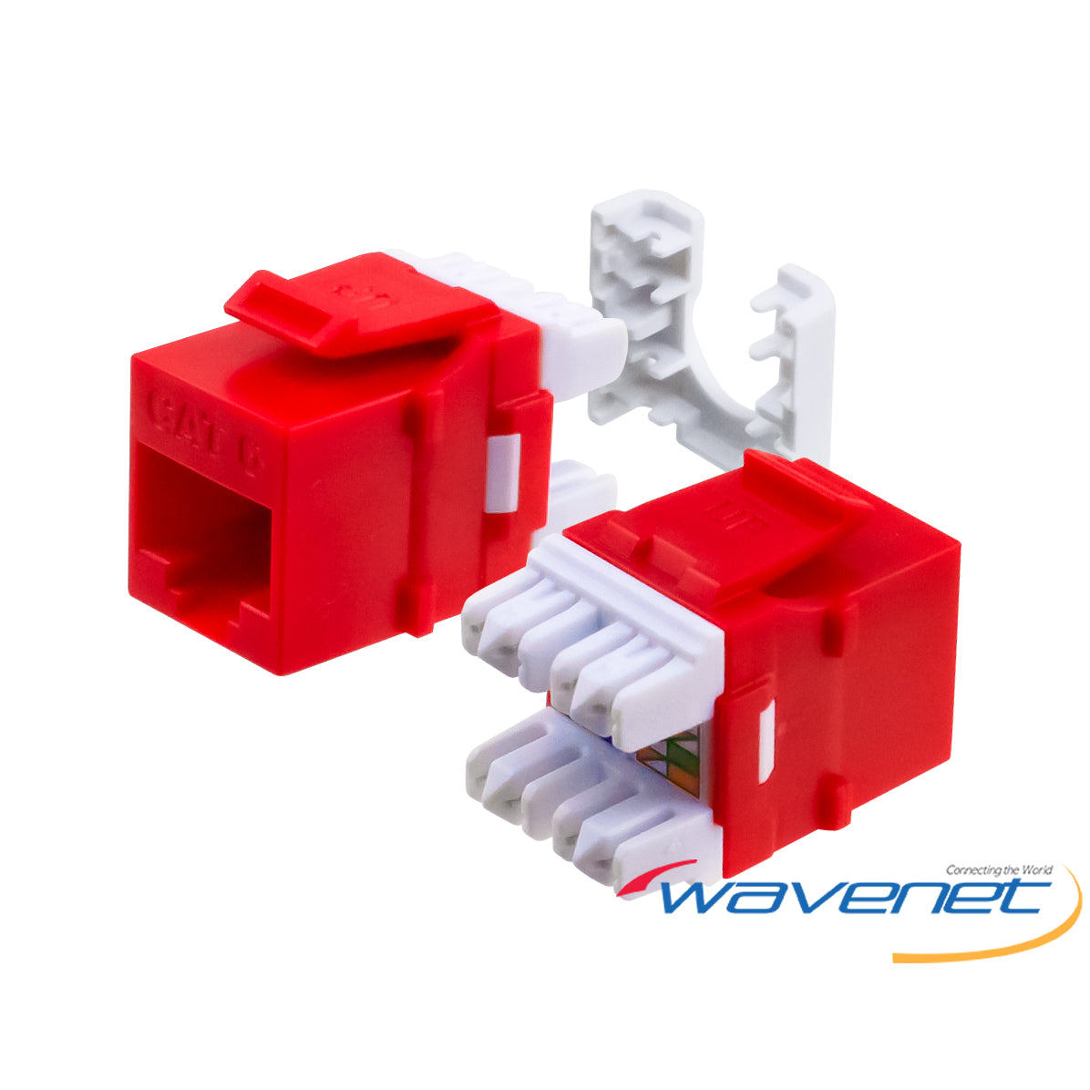 Red Cat6 keystone jack with white internal contacts and cable management clips displayed from multiple angles