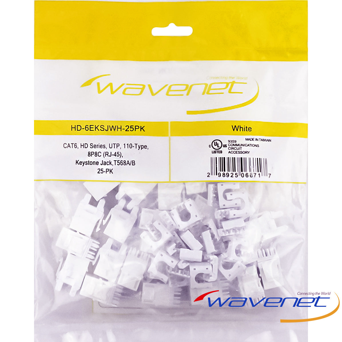 Wavenet Cat6 HD Series white Keystone Jacks 25-pack with RJ-45 connectors for networking cabling