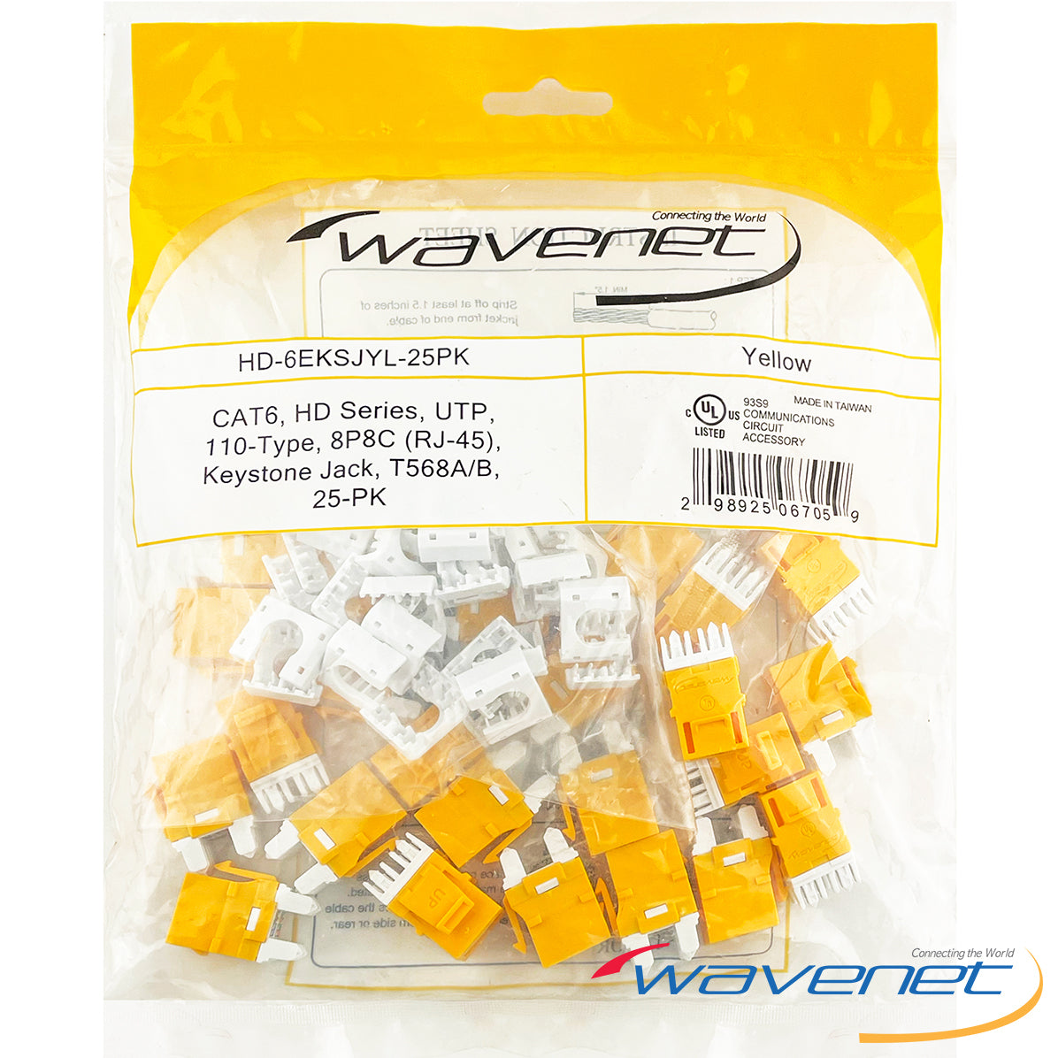 Wavenet Cat6 HD Series yellow Keystone Jack 25-pack with white and yellow connectors for RJ-45 networking cables