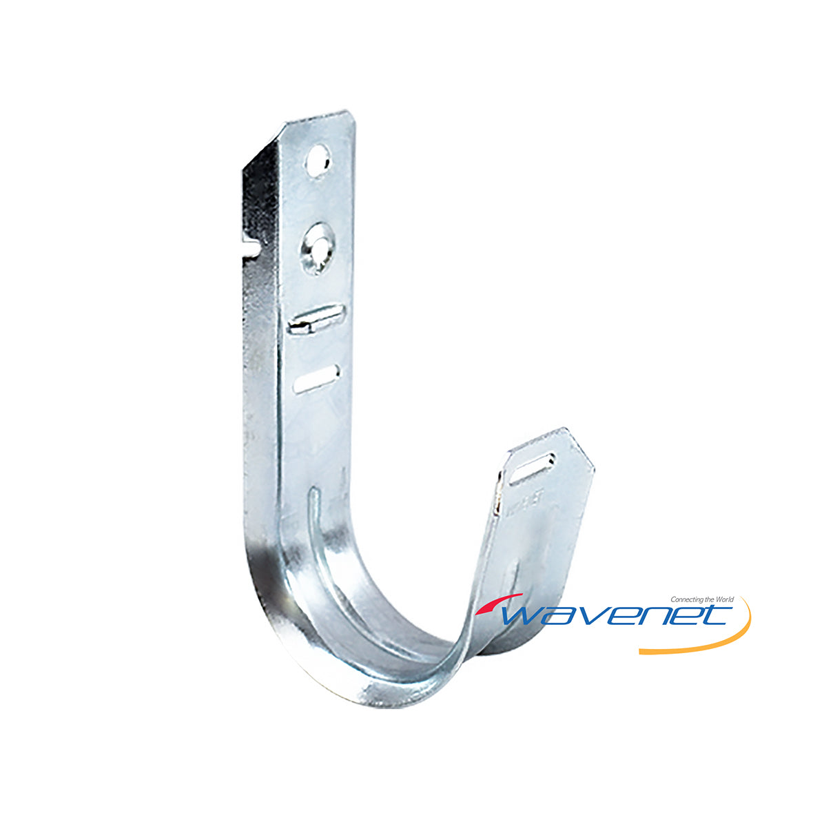 Galvanized steel J-hook wall mount bracket with mounting holes and cable support loop for structured cabling installation