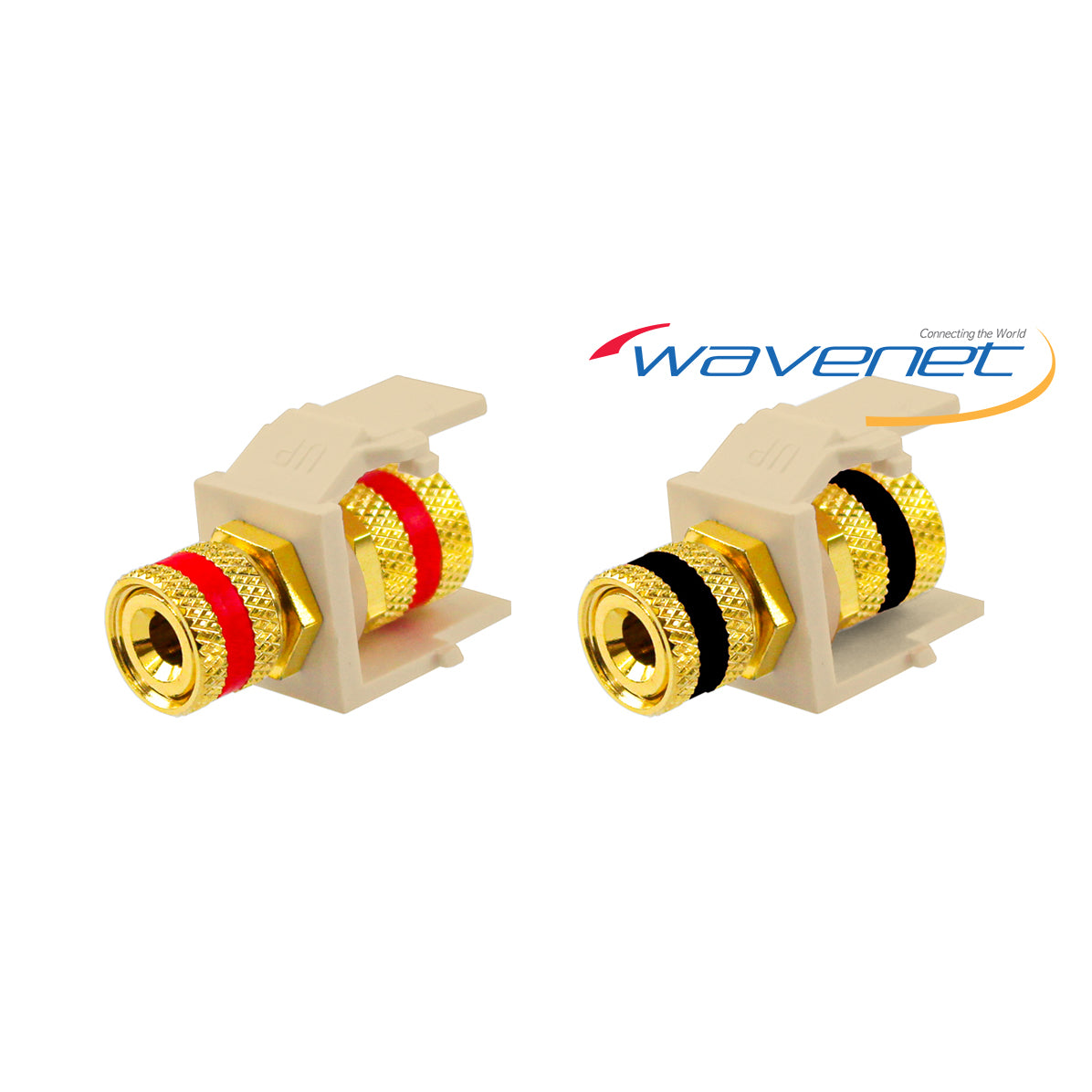 Wavenet gold-plated speaker binding post module in ivory with red and black insulating rings, shown in front and side view