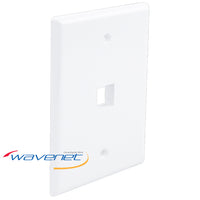 White oversized single-gang faceplate with one port cutout and mounting holes for network cabling installations