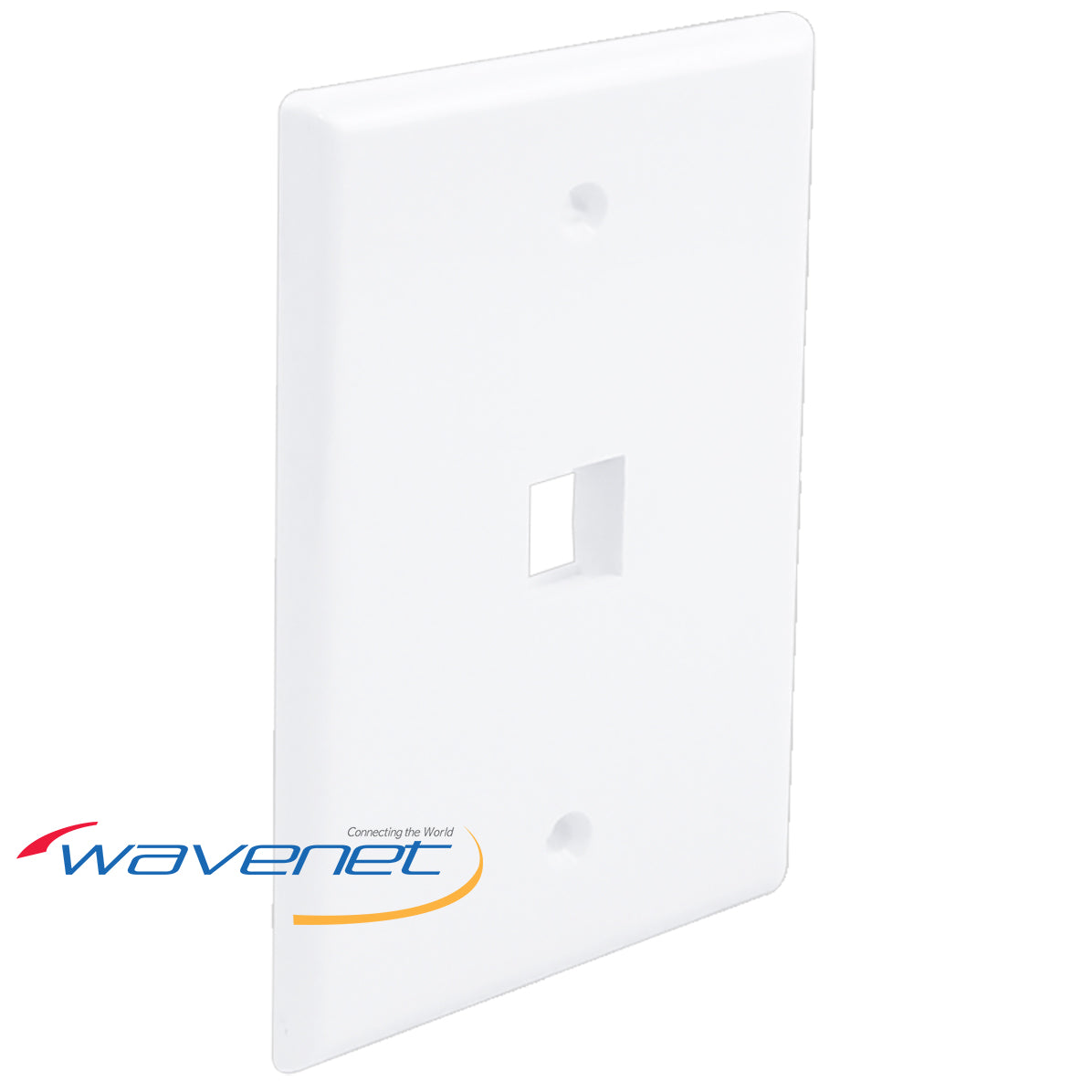 White oversized single-gang faceplate with one port cutout and mounting holes for network cabling installations