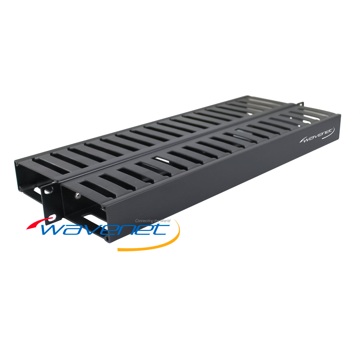 Wavenet PDH Double-Sided 1U Cable Manager with dual rows of cable routing slots mounted on black metal rackmount hardware