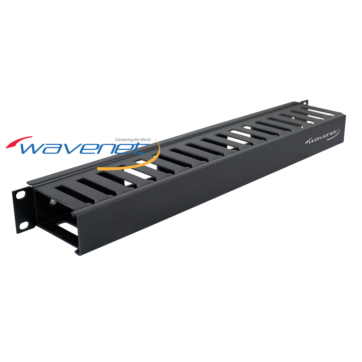 Wavenet 1U single-sided cable manager with horizontal cable routing slots mounted on server rack