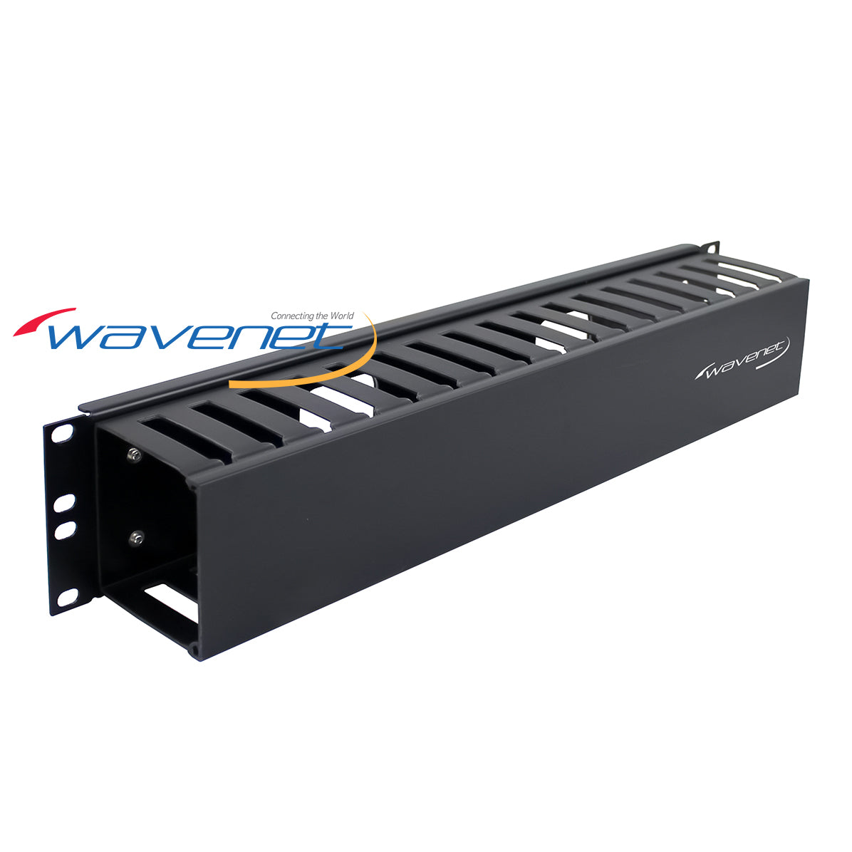 Wavenet 2U single-sided black cable manager with horizontal routing slots and mounting brackets for server rack installation