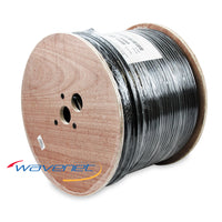 1000ft spool of direct burial rated RG6 quad shield coaxial cable in black on wooden reel
