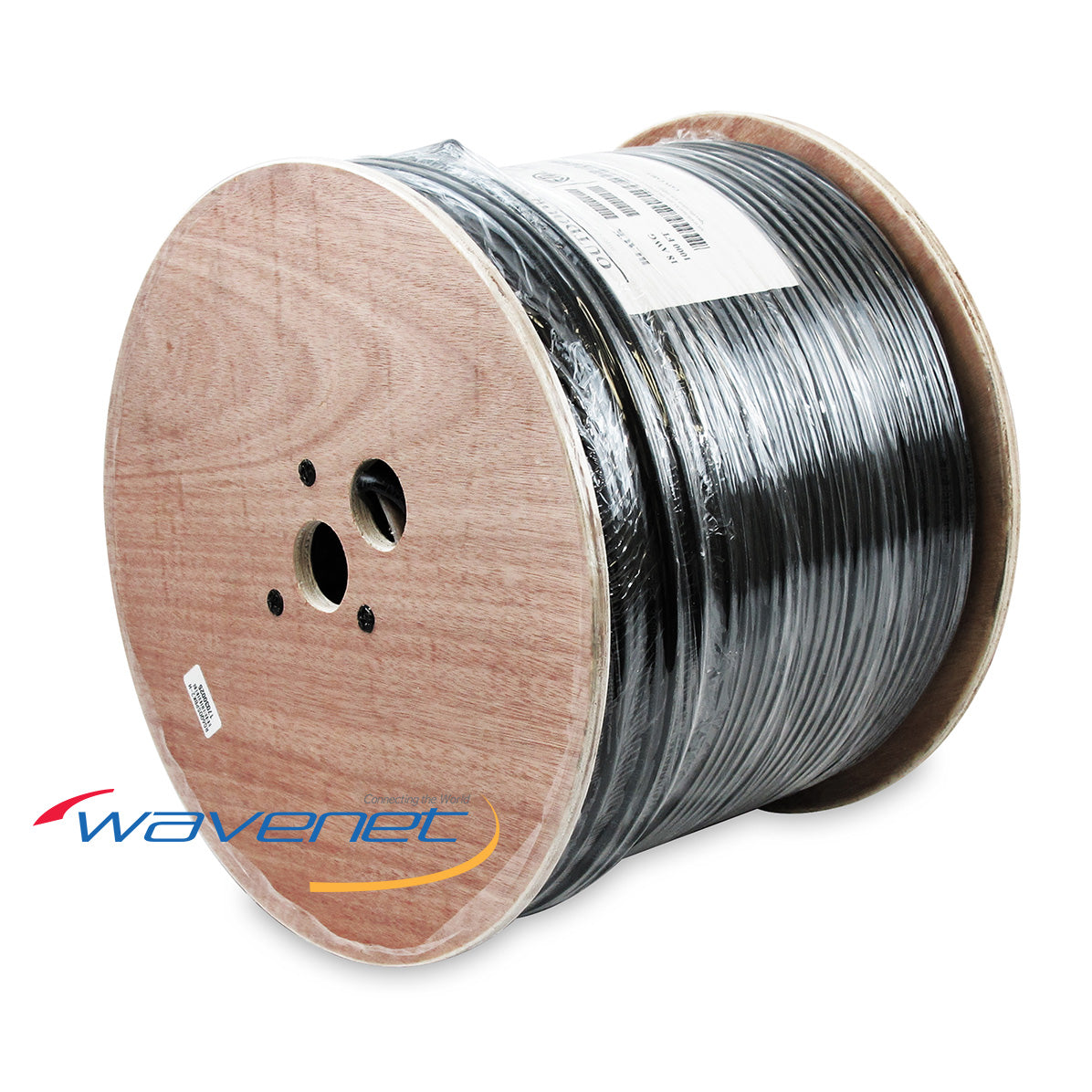 1000ft spool of direct burial rated RG6 quad shield coaxial cable in black on wooden reel