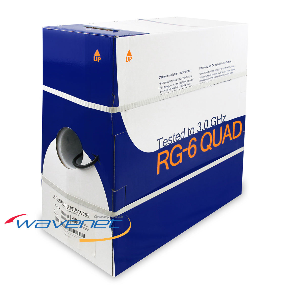 Wavenet RG-6 Quad Shield coaxial cable box tested to 3.0 GHz for CATV applications with pull-out dispenser spool Main image