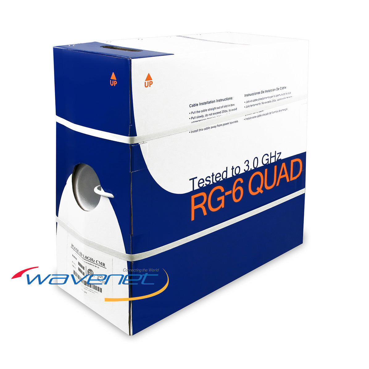 Wavenet RG6/U Quad Shield CATV cable box tested to 3.0 GHz, blue and white packaging with pull dispenser