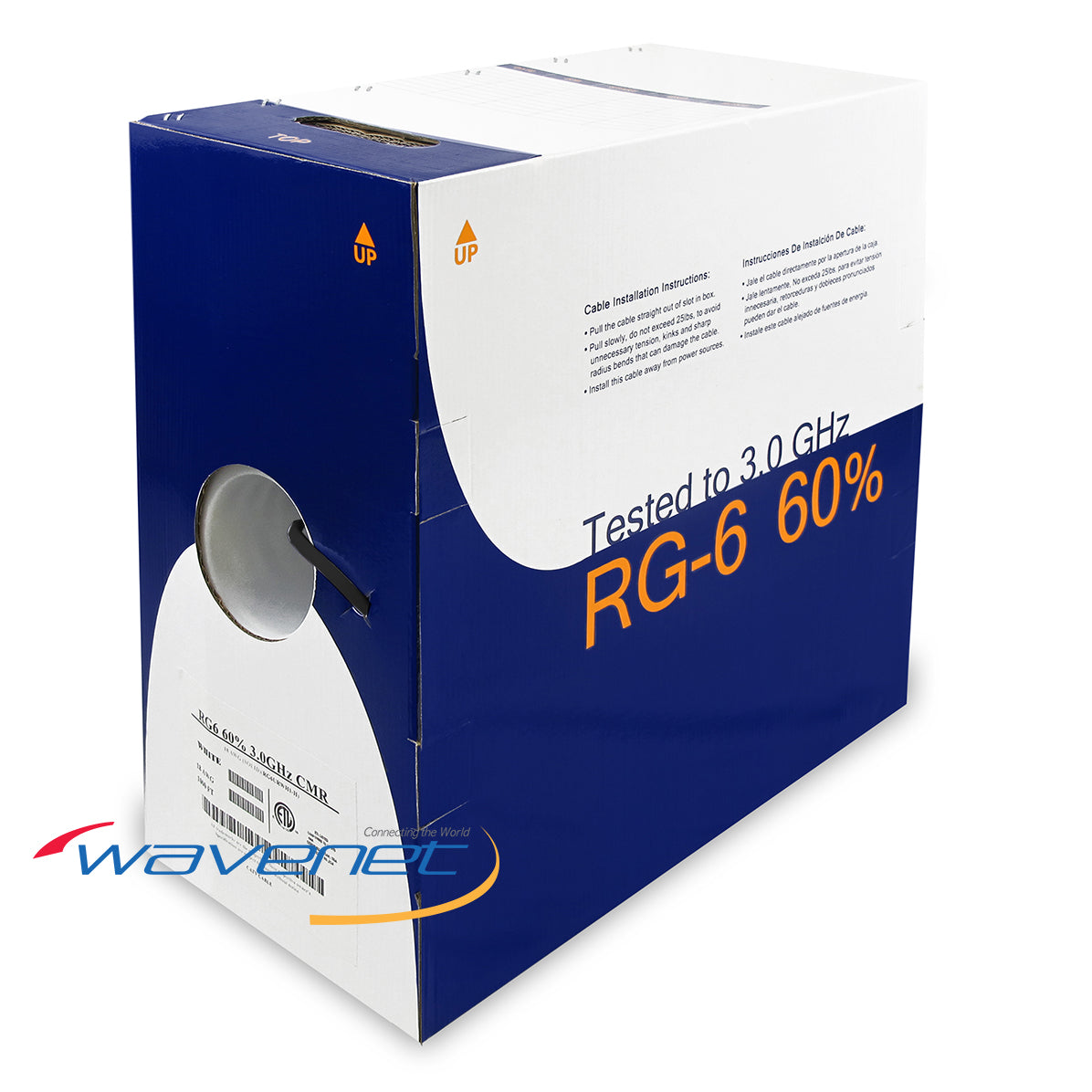 Wavenet RG6/U coaxial cable spool with 60% aluminum braid shielding, tested to 3.0 GHz, in blue and white packaging