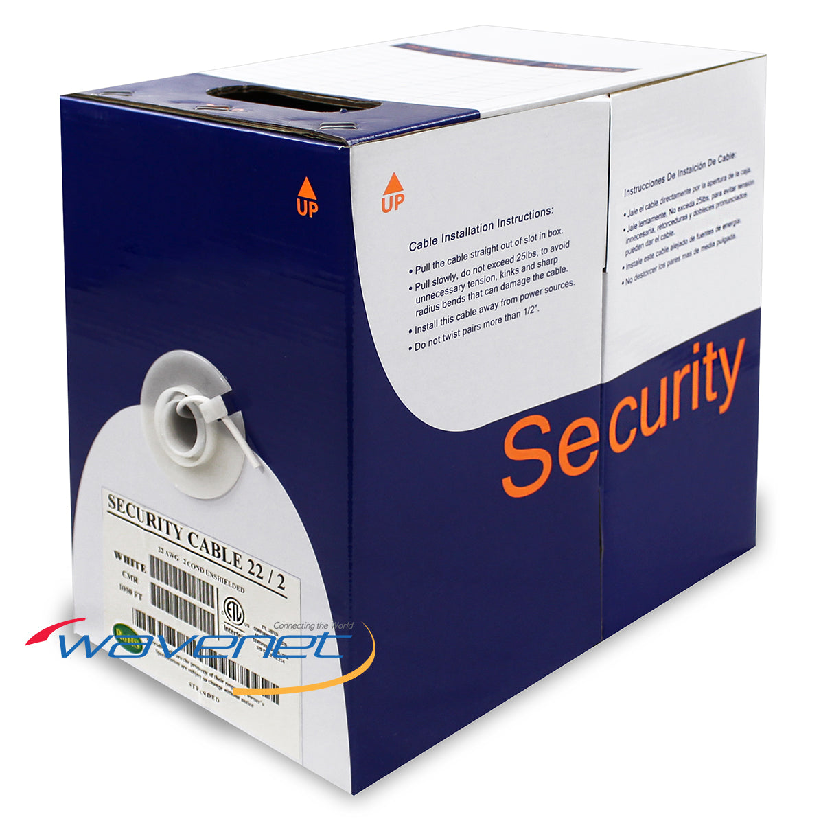 Wavenet 22AWG/2C security cable box with white riser CMR rating, 1000 ft spool, includes installation instructions Main image