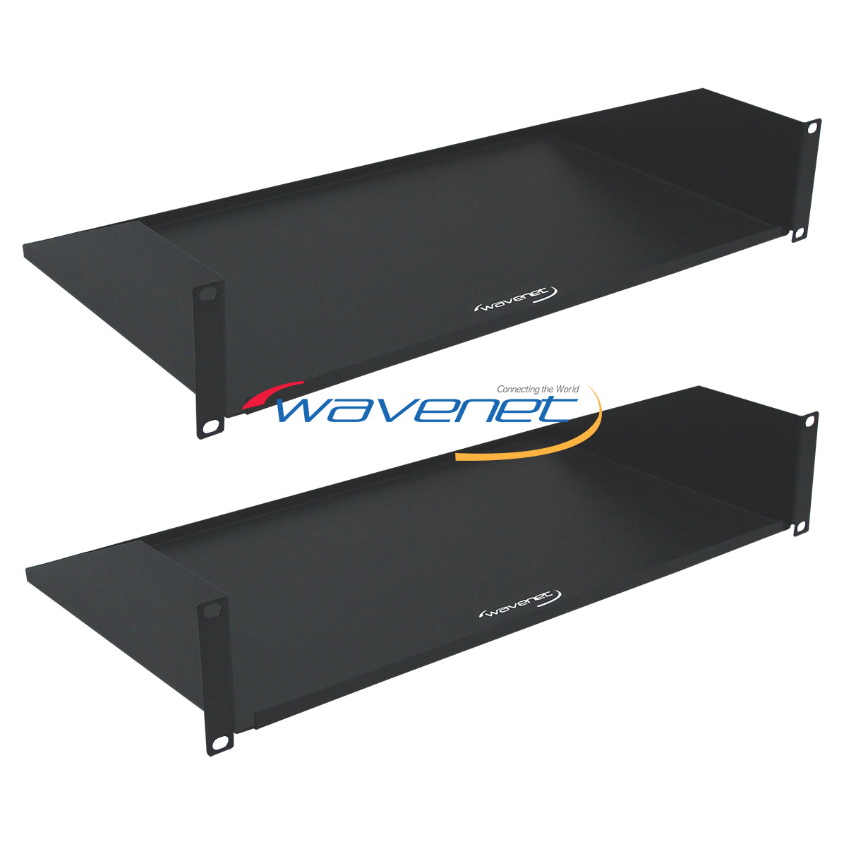 Two black 2U solid bottom rack shelves with mounting brackets, designed for 19-inch rack cabinets