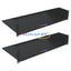 Two black 2U solid bottom rack shelves with mounting brackets, designed for 19-inch rack cabinets