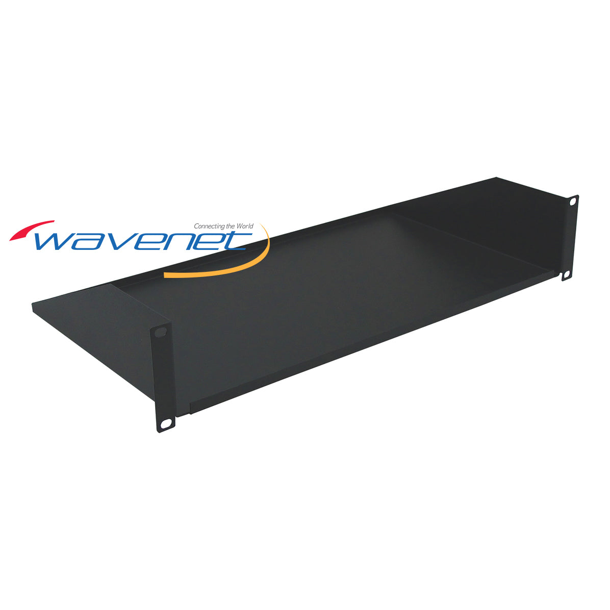 Black 10-inch solid bottom single-sided rack shelf with mounting brackets for server rack cable management