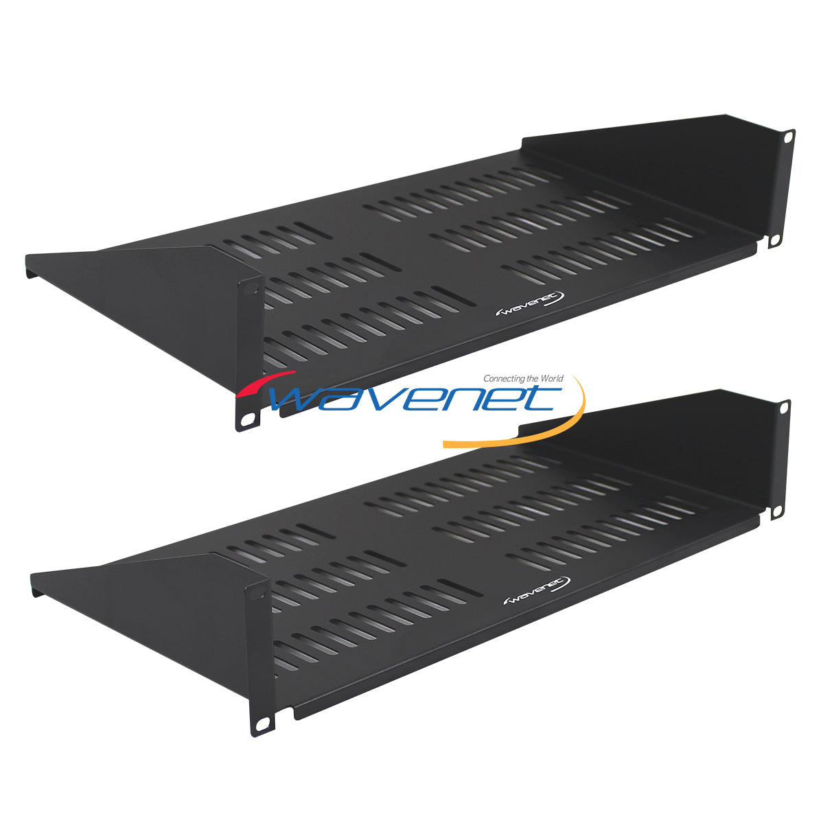 Two black 2U vented rack shelves with ventilation slots and mounting brackets, ideal for network server cabinets Main image