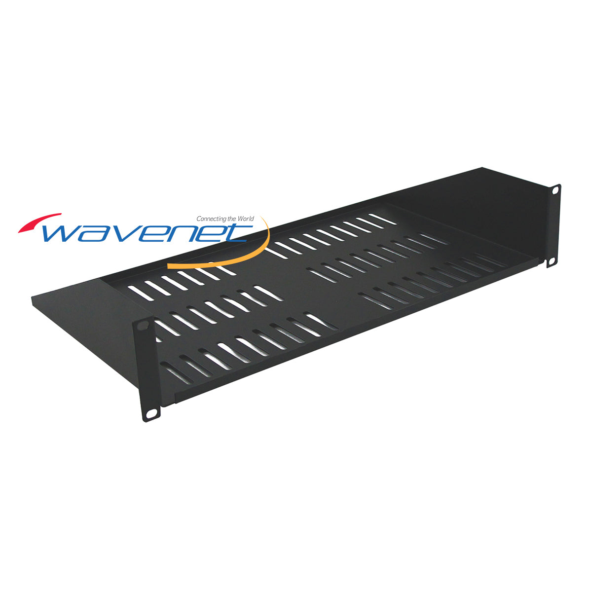 Black 2U vented rack shelf with side-mounted rails and ventilation slots for server cabinet cable management