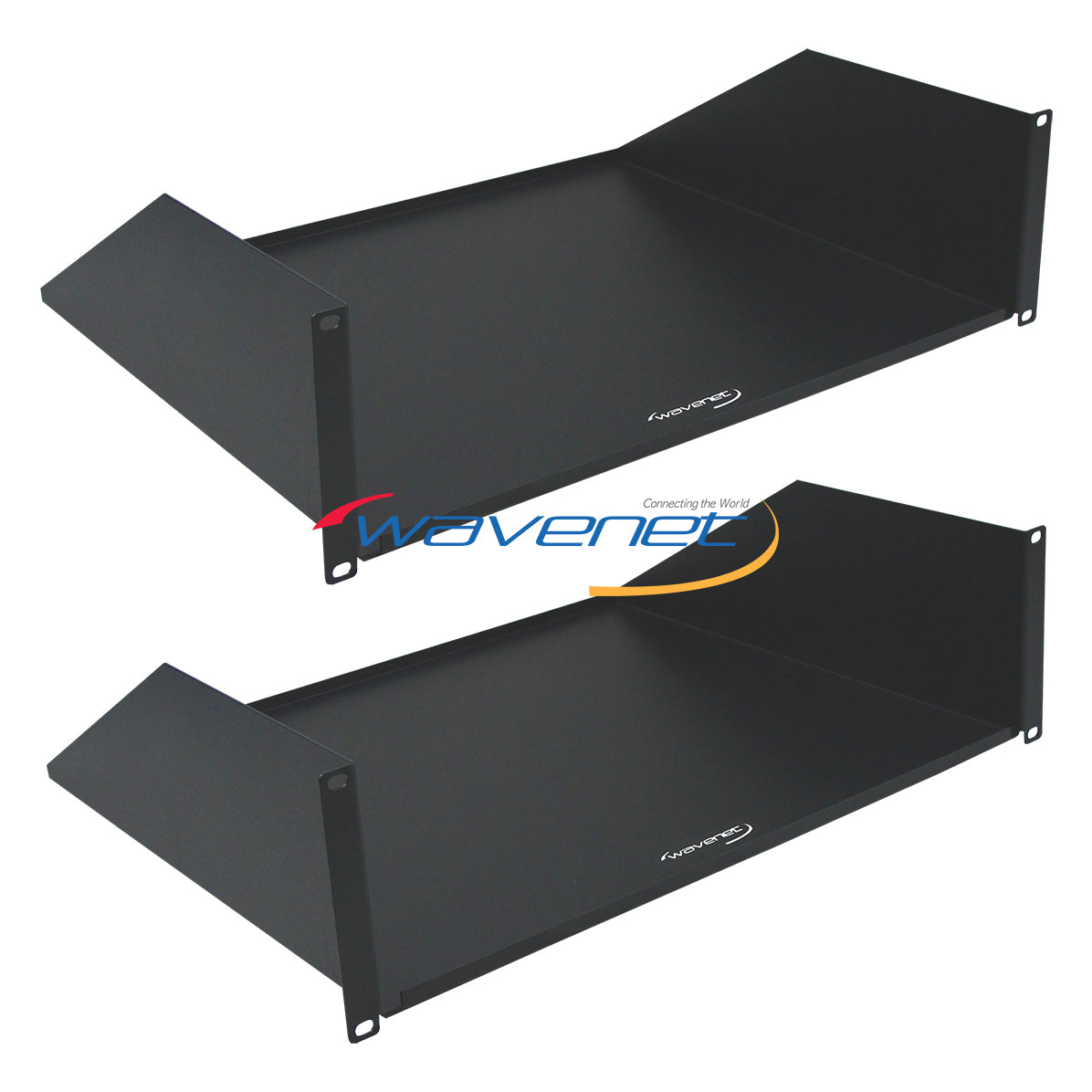 Two black 3U 15-inch single-sided rack shelves with mounting brackets shown in isometric view