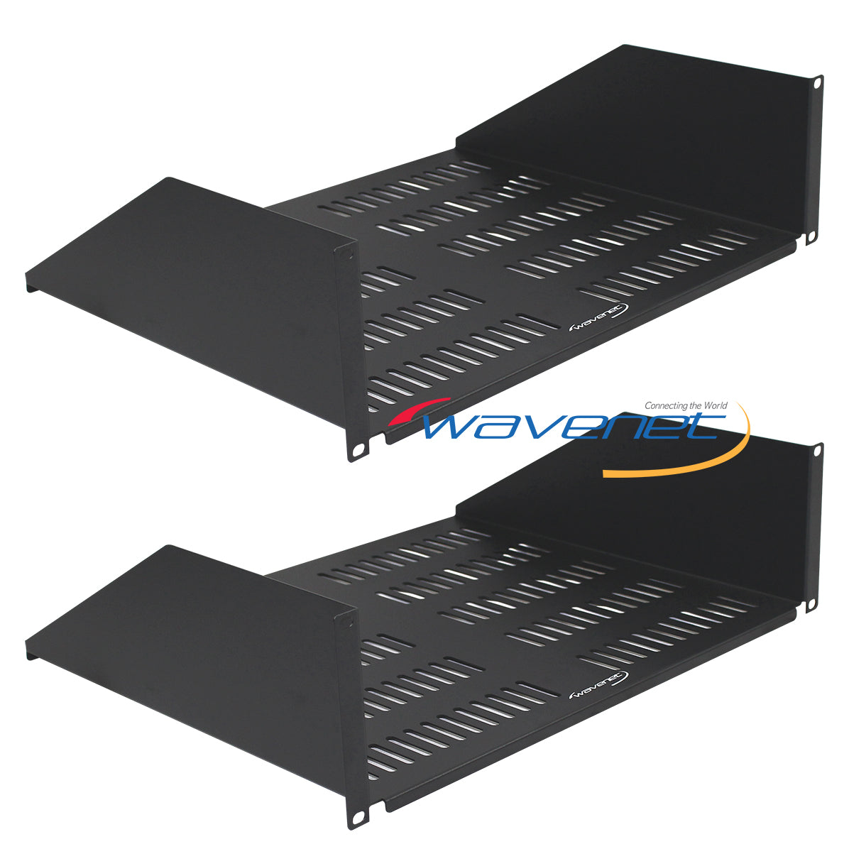 Two black vented 3U 15-inch rack shelf units with cable management slots, part of a 2-pack networking hardware set Main image