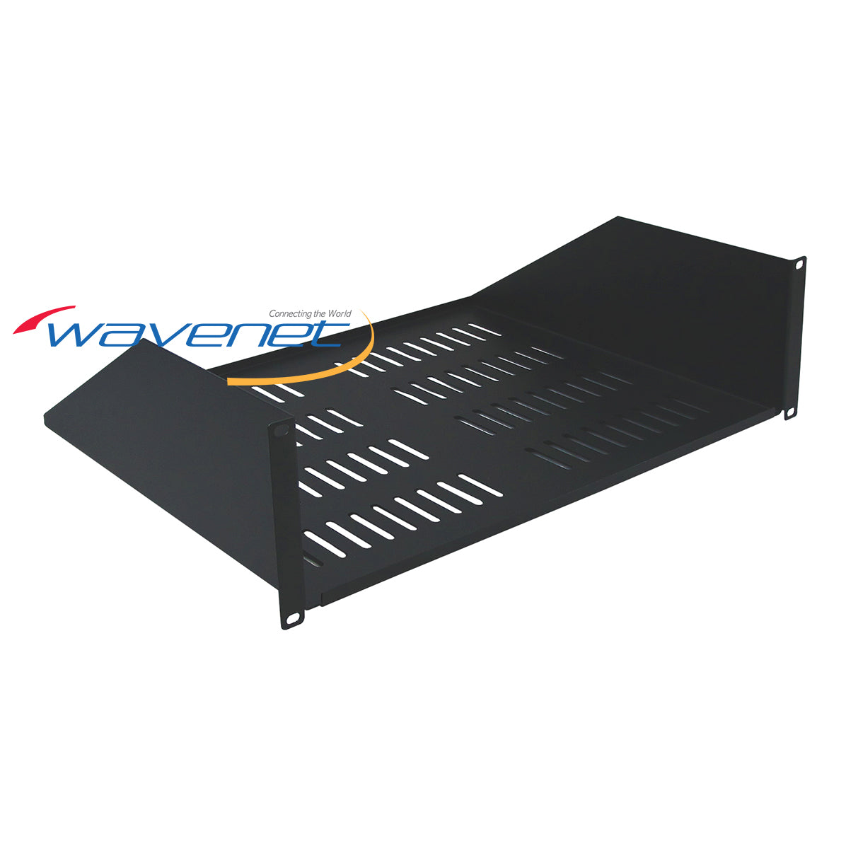 Black 3U vented bottom rack shelf with ventilation slots for server rack cable management and networking hardware