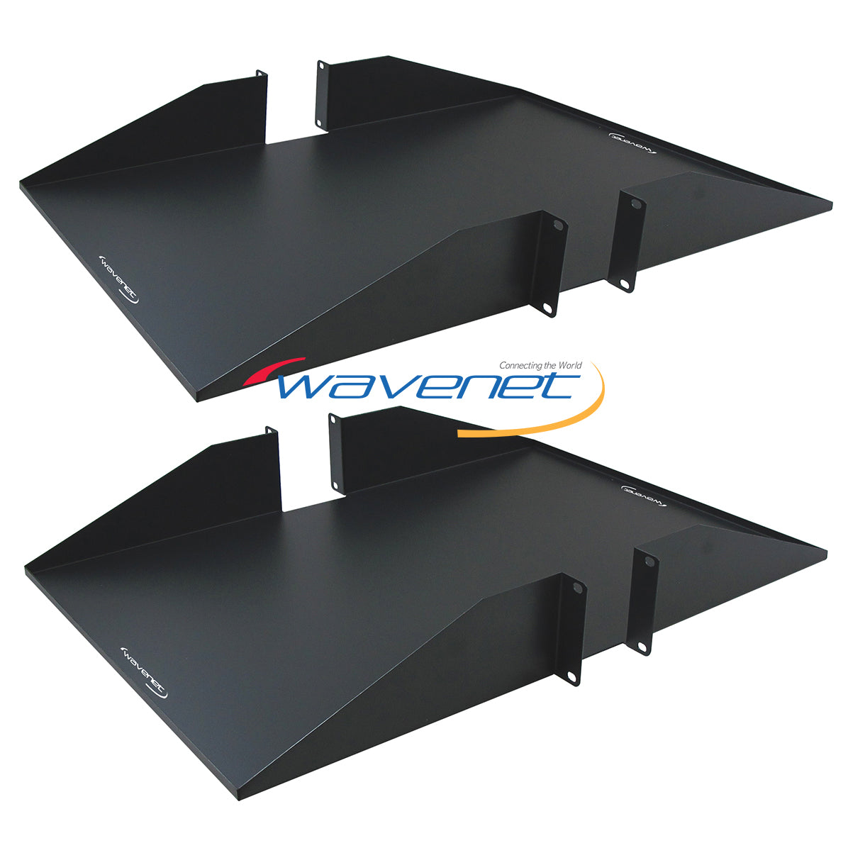 Two black 2U 25-inch double-sided solid rack shelves with mounting brackets, displayed at angles showing front and side views Main image