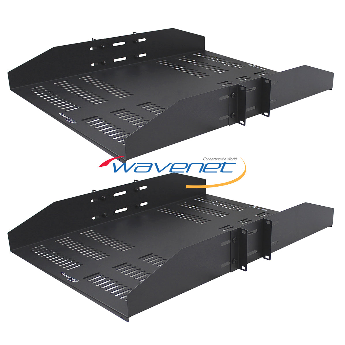 Two black vented 2U 25-inch double-sided rack shelves with mounting brackets, displayed at angles