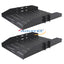 Two black vented 2U 25-inch double-sided rack shelves with mounting brackets, displayed at angles