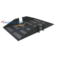 Black vented 2U rack shelf with double-sided design and ventilation slots for server rack cable management