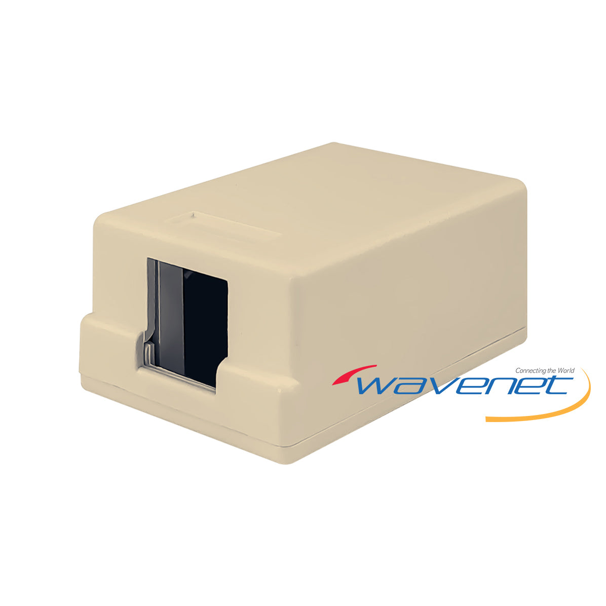 Ivory 1-port surface mount box with hinged door, cable management networking accessory