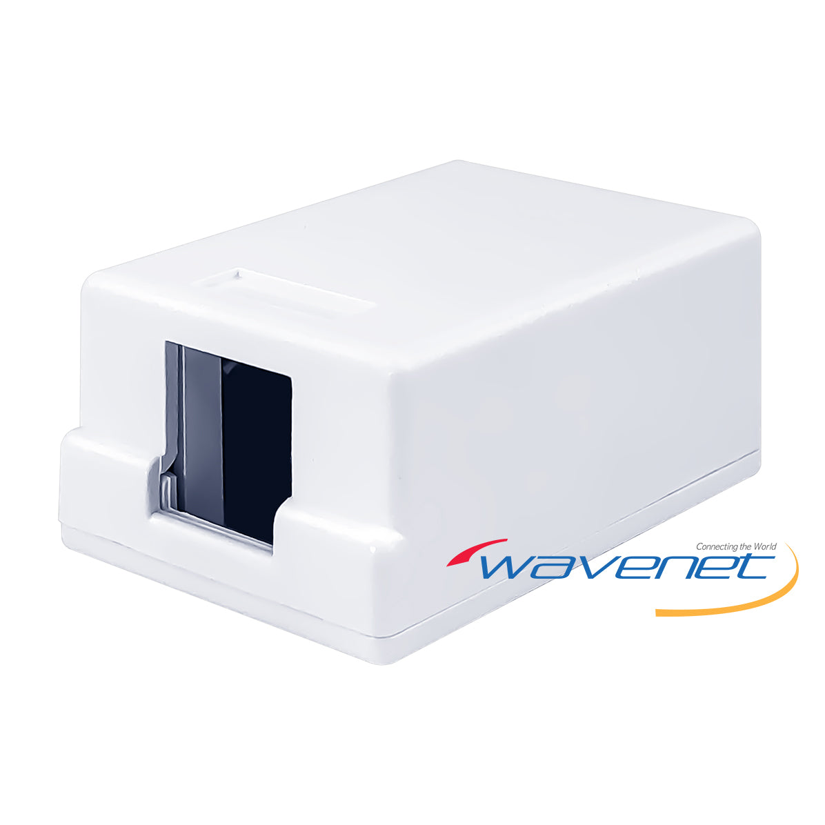 White 1-port surface mount box with open front panel showing dark interior, featuring Wavenet branding