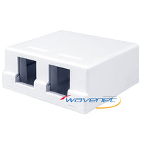White 2-port surface mount box with black slide-out cable management panels for network cabling infrastructure