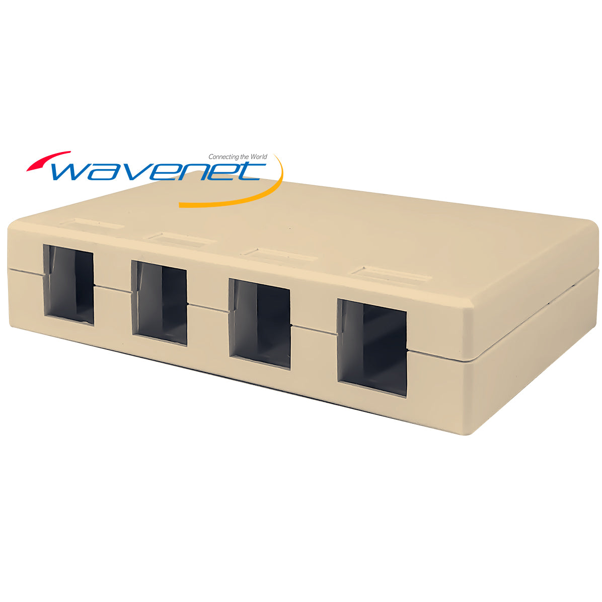 SMB-4IV ivory surface mount box with four black cable entry ports for structured cabling installations